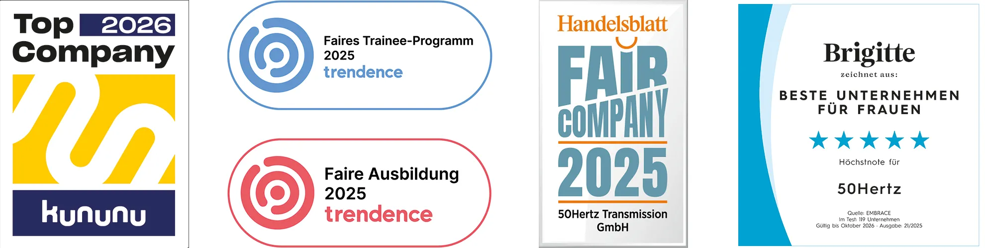 Awards and recognitions for 50Hertz Transmission GmbH, including "Top Company 2024" and "Fair Company 2024.