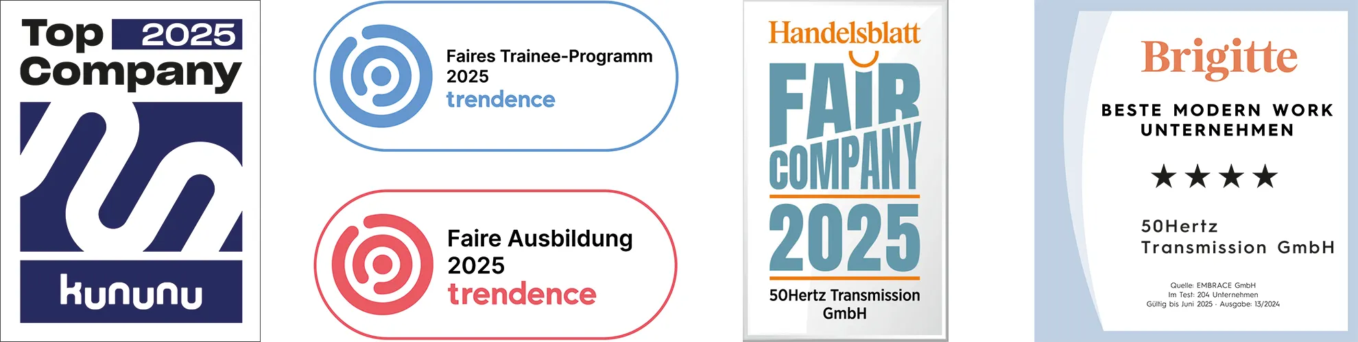 Awards and recognitions for 50Hertz Transmission GmbH, including "Top Company 2024" and "Fair Company 2024.