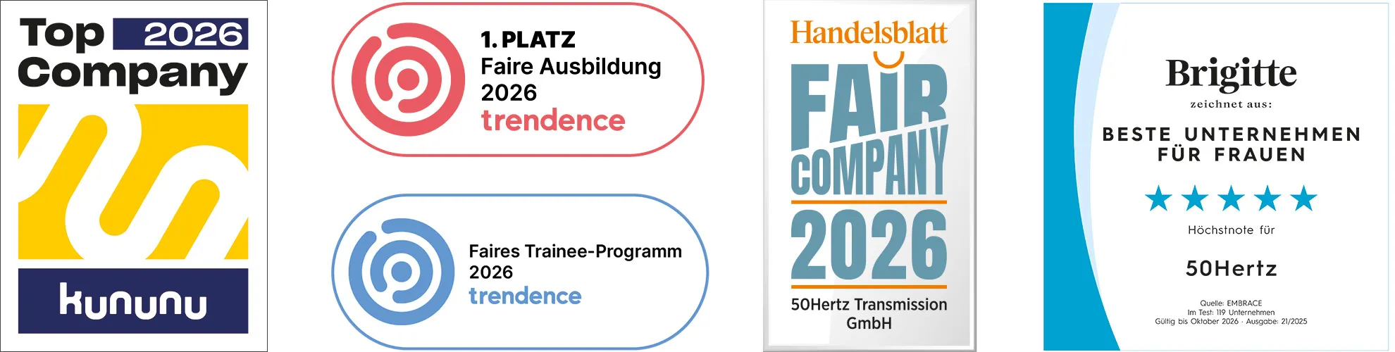 Awards and recognitions for 50Hertz Transmission GmbH, including "Top Company 2024" and "Fair Company 2024.