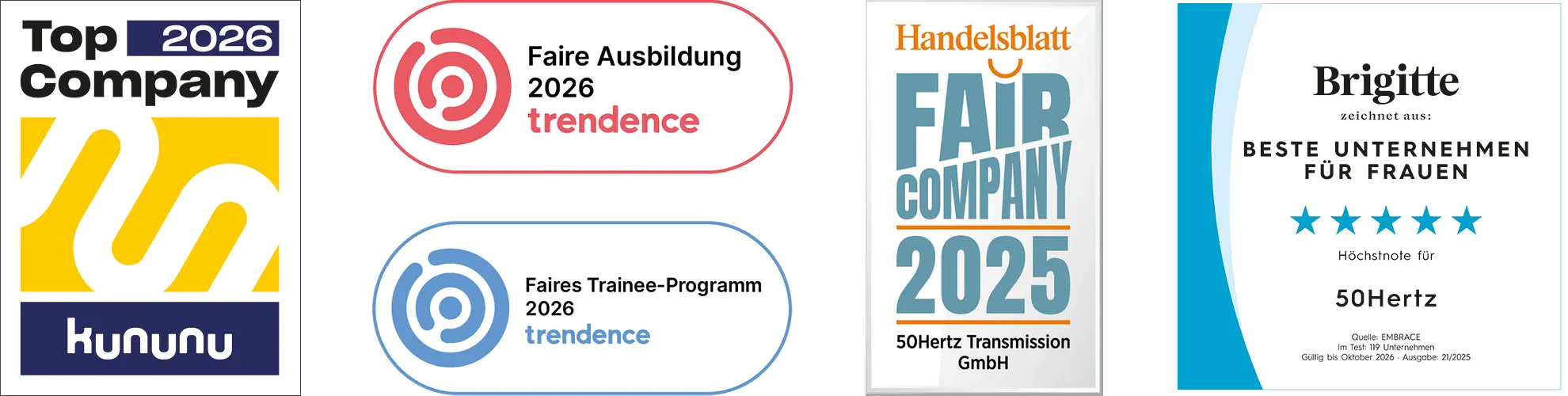 Awards and recognitions for 50Hertz Transmission GmbH, including "Top Company 2024" and "Fair Company 2024.