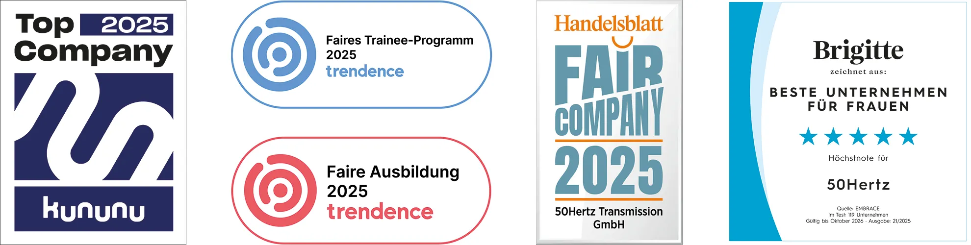 Awards and recognitions for 50Hertz Transmission GmbH, including "Top Company 2024" and "Fair Company 2024.