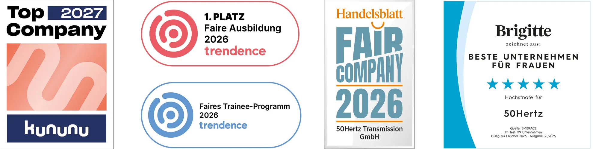 Awards and recognitions for 50Hertz Transmission GmbH, including "Top Company 2024" and "Fair Company 2024.
