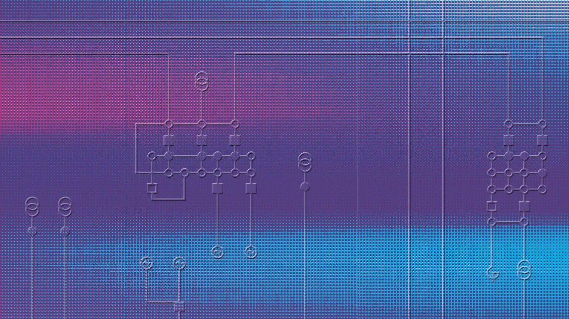 Elektronisches Schaltkreismuster auf einem violett-blauen Hintergrund, symbolisiert Vernetzung und Technologie in der Energiebranche.