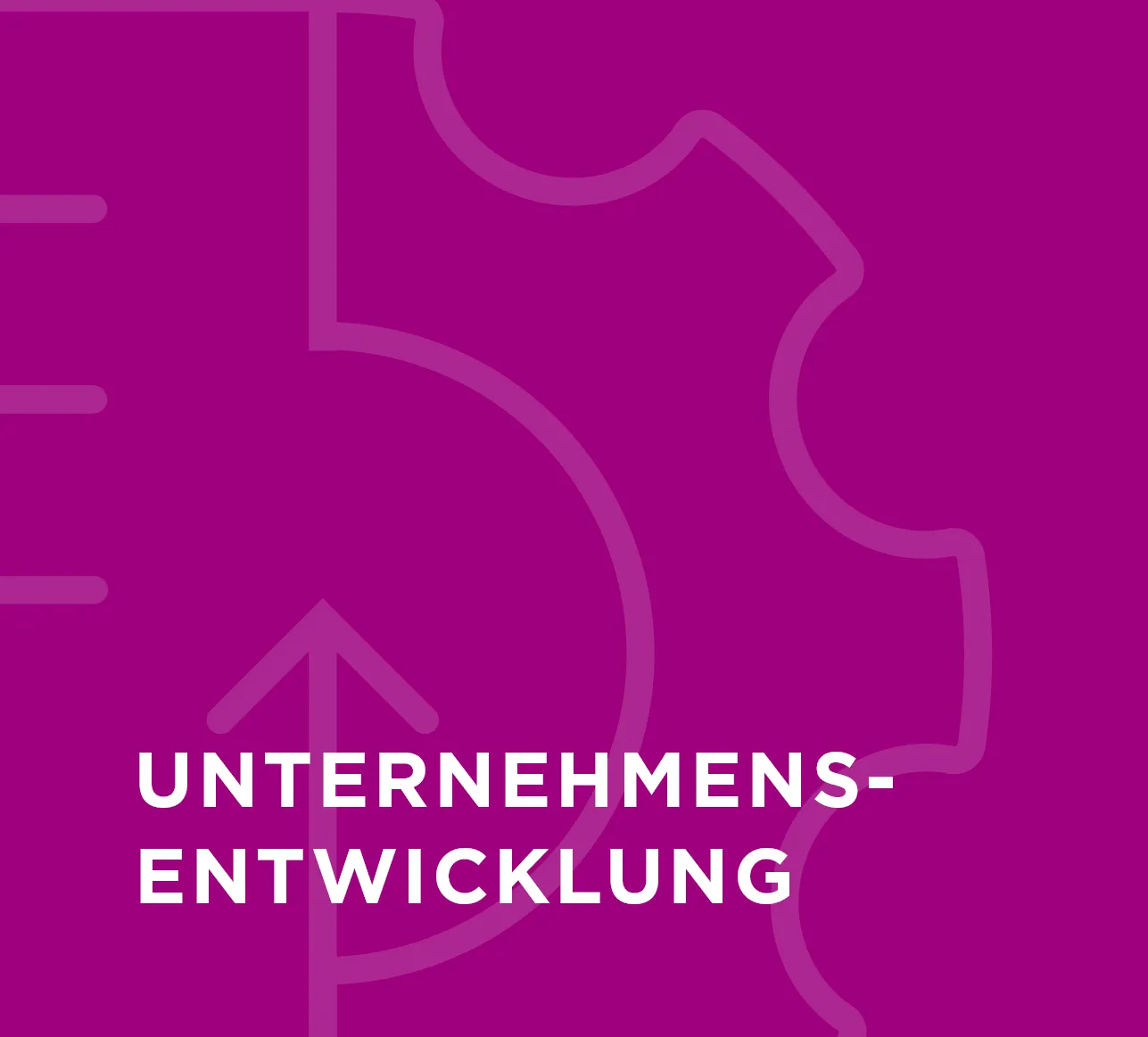 Violetter Hintergrund mit Zahnrad und Pfeil. Text: Unternehmensentwicklung bei Amprion GmbH.