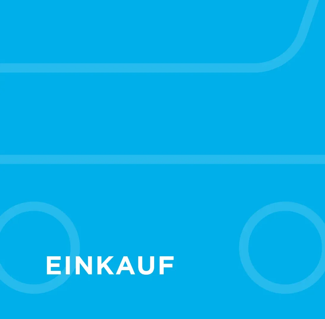 Blauer Hintergrund mit stilisiertem Einkaufswagen und dem Wort "EINKAUF" für Amprion GmbH Karriereseite im Energiebereich.