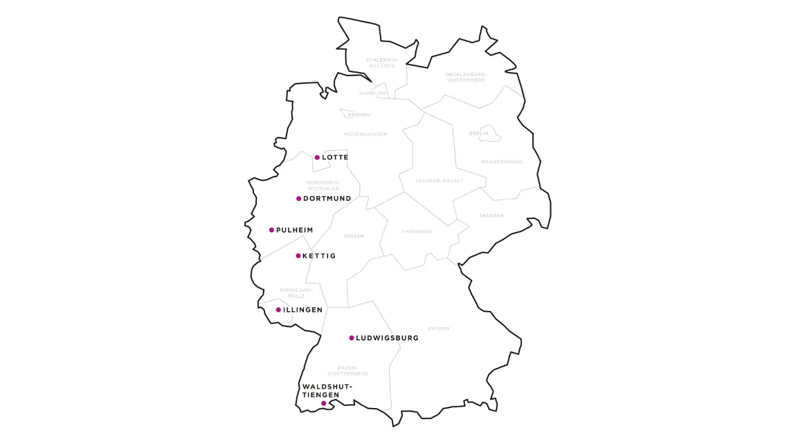 Karte von Deutschland mit Standorten von Amprion GmbH: Lotte, Dortmund, Pulheim, Kettig, Ludwigsburg, Illingen, Waldshut-Tiengen.