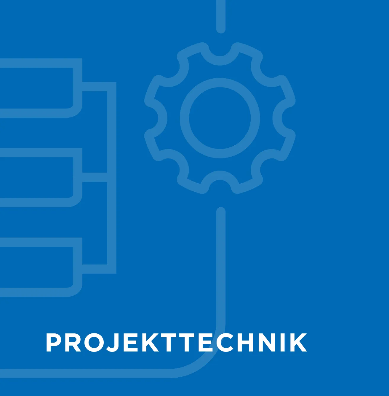 Blaues Hintergrundbild mit Zahnradsymbol und Text 'PROJEKTTECHNIK' für Amprion GmbH im Energiebereich.