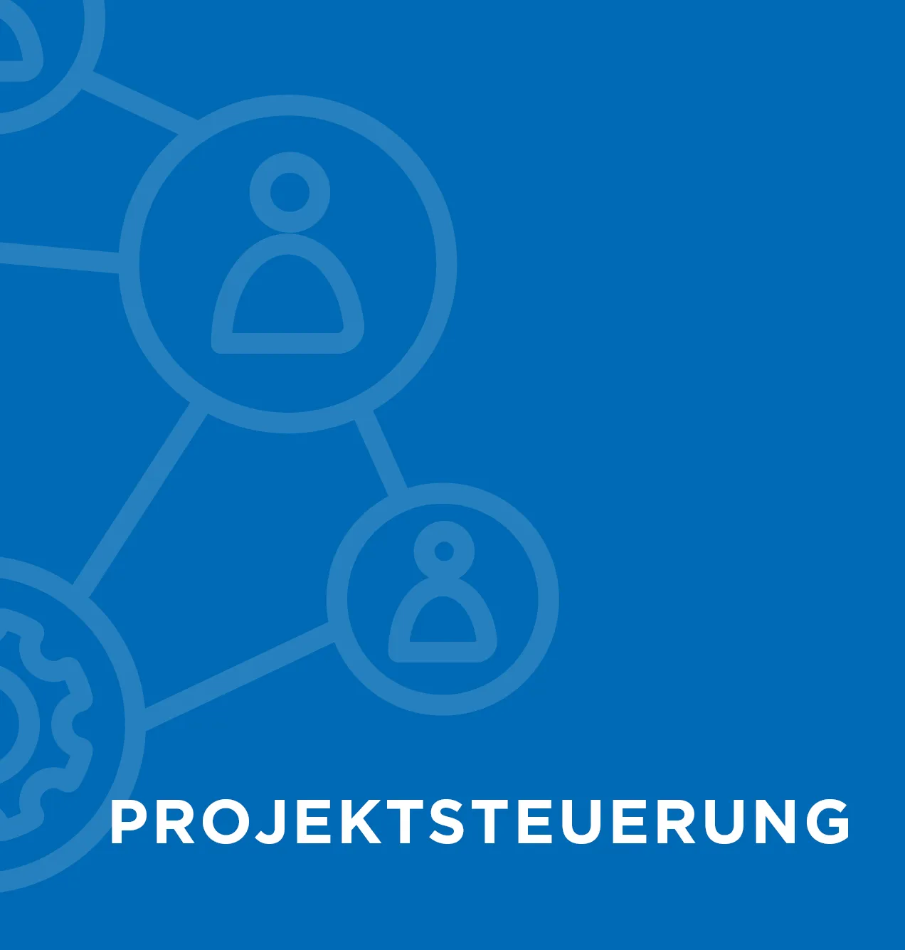 Netzwerkdiagramm mit Zahnradsymbol und Figuren, Text "PROJEKTSTEUERUNG" auf blauem Hintergrund.