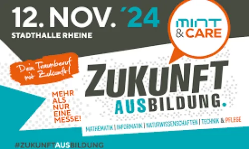 Plakat für Messe 'Zukunft Ausbildung' am 12. Nov. '24 in Rheine, mit Fokus auf MINT & Pflegeberufe.