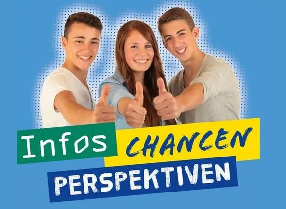 Drei junge Menschen lächeln und zeigen Daumen hoch, daneben die Wörter "Infos", "Chancen", "Perspektiven" auf bunten Schildern.