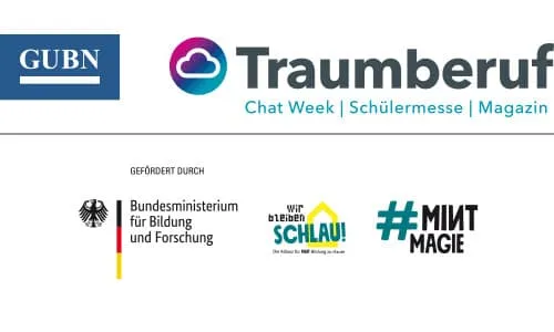 Logos von GUBN, Traumberuf, Bundesministerium für Bildung und Forschung, Wir bleiben schlau und #MINTMagie auf weißem Hintergrund.