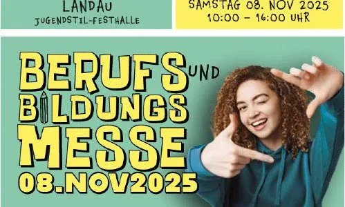 Einladung zur Berufs- und Bildungsmesse am 8. November 2025 in Landau. Junge Frau macht ein Rahmenzeichen mit den Händen.