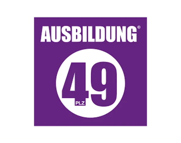 Lila Logo mit dem Schriftzug „AUSBILDUNG“ und einer großen Zahl 49 im weißen Kreis, passend für IT-Karriere bei Atruvia AG.