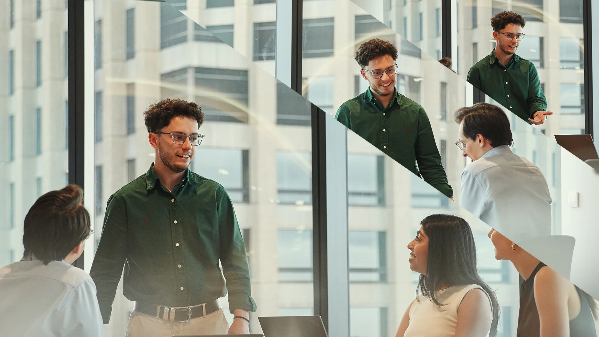 Ein junger Mann präsentiert in einem modernen Büro mit Kollegen von BDO AG.