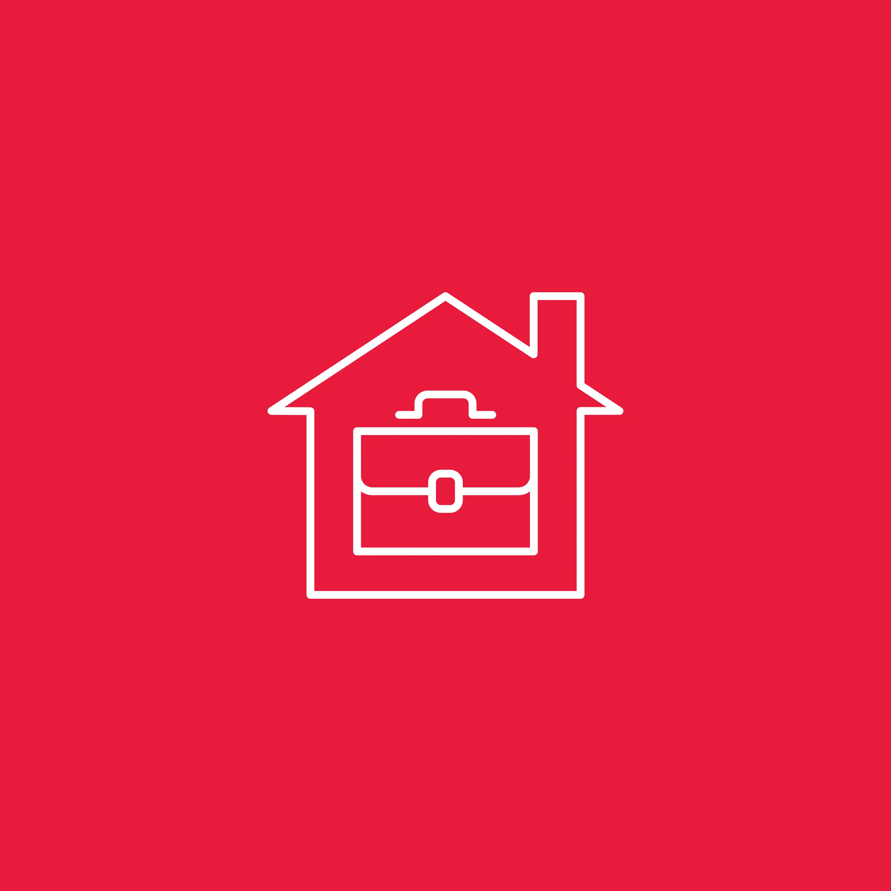 Ein Symbol eines Hauses mit einem Aktenkoffer darin, auf einem roten Hintergrund.