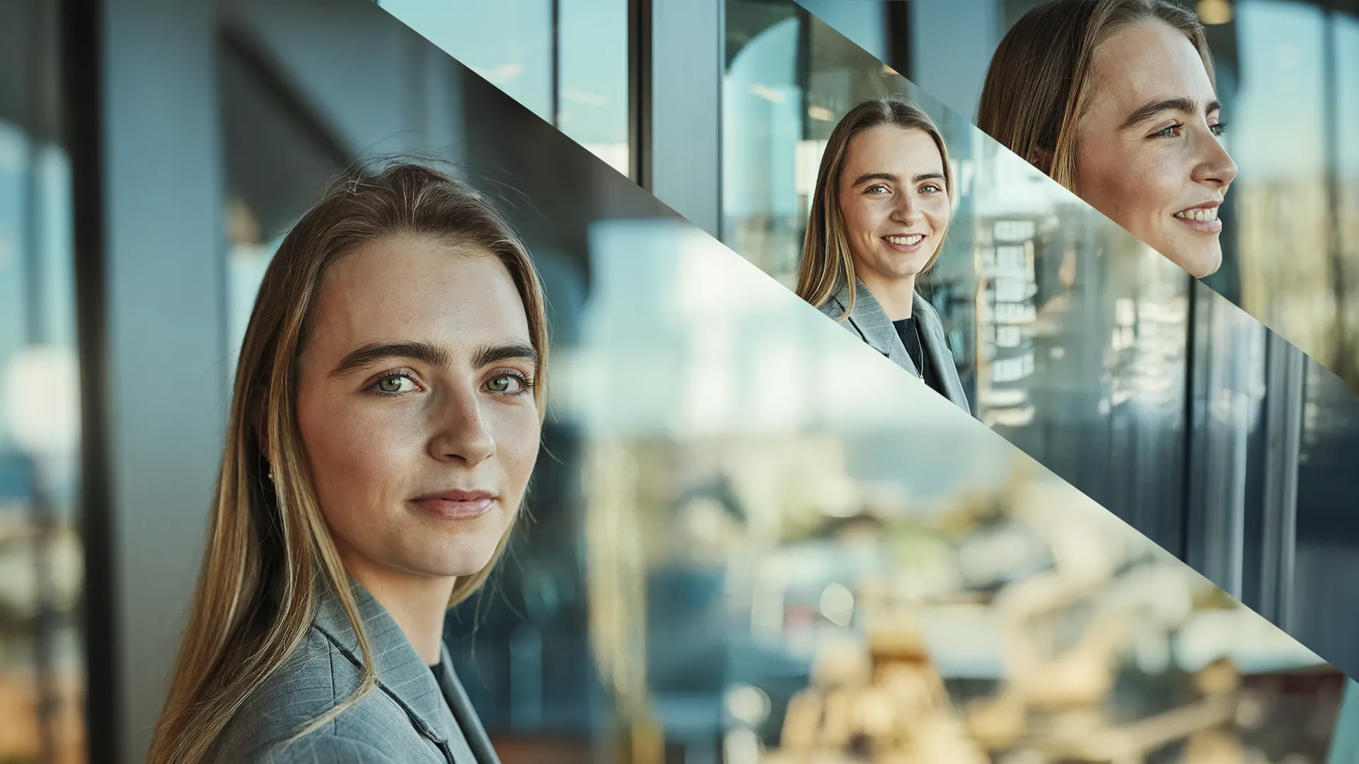 Junge Frau im Business-Outfit blickt selbstbewusst in die Kamera, Spiegelung im modernen Büro, Karriere bei BDO AG.