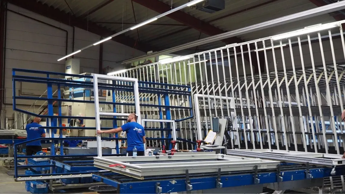 Du siehst Kollegen in der Produktion, die Fensterrahmen bei bewa-plast Beck GmbH montieren.