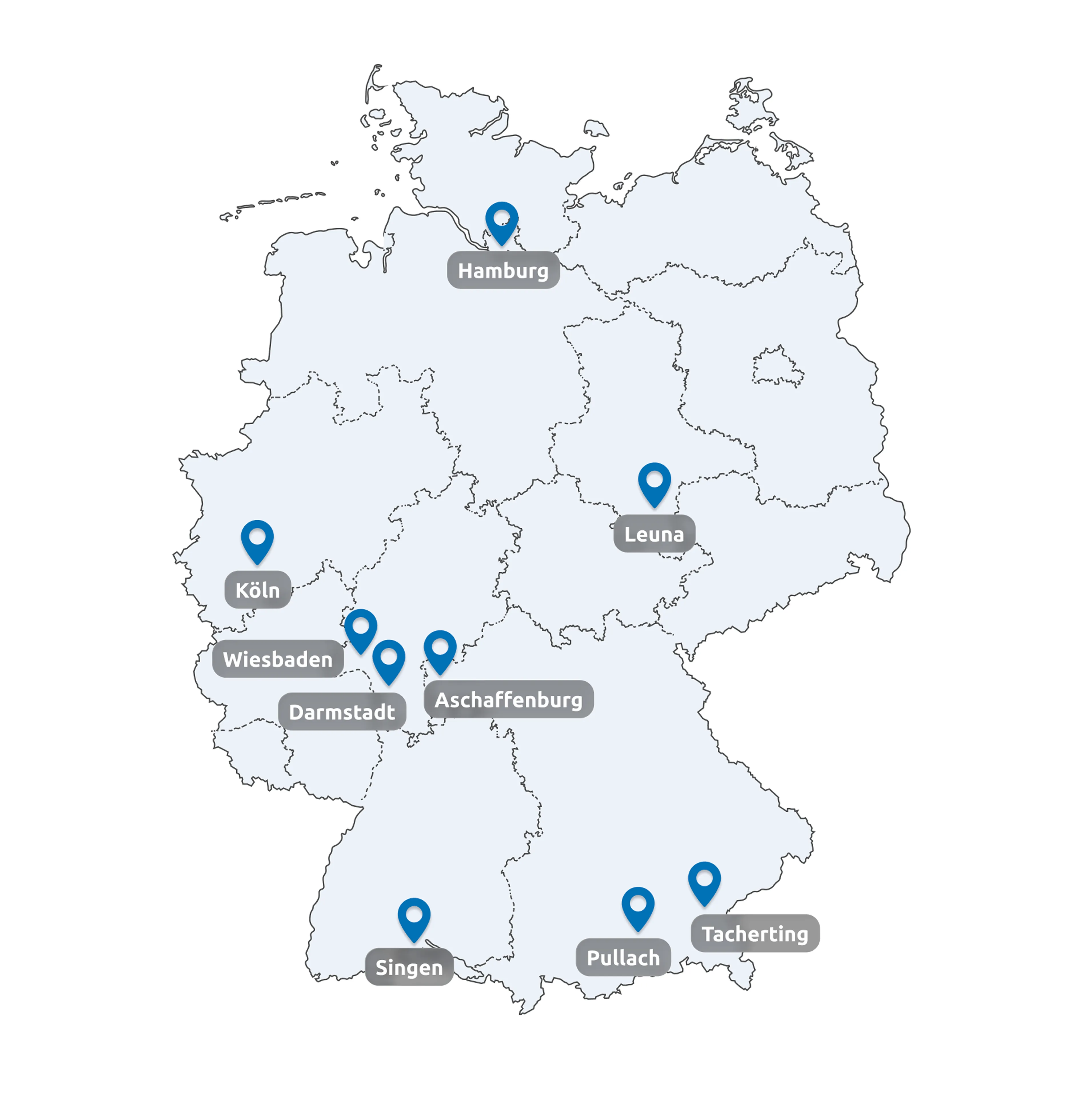Karte von Deutschland mit Standorten der BKK Linde und Mitarbeiterzahlen, damit Du einen Überblick über die Teams bekommst.