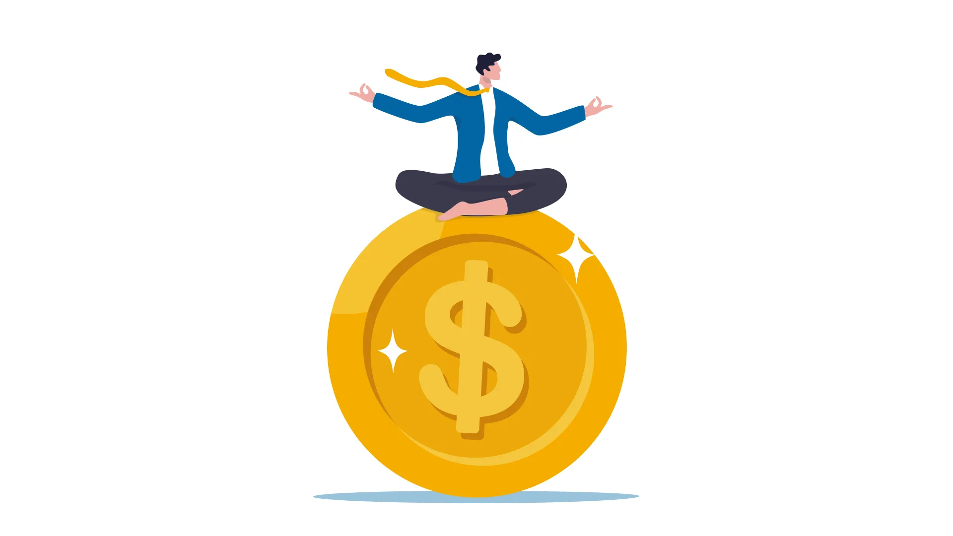Illustration entspannte Person im Anzug, meditierend auf einer großen goldenen Münze als Symbol für Work-Life-Balance und finanzielle Sicherheit.