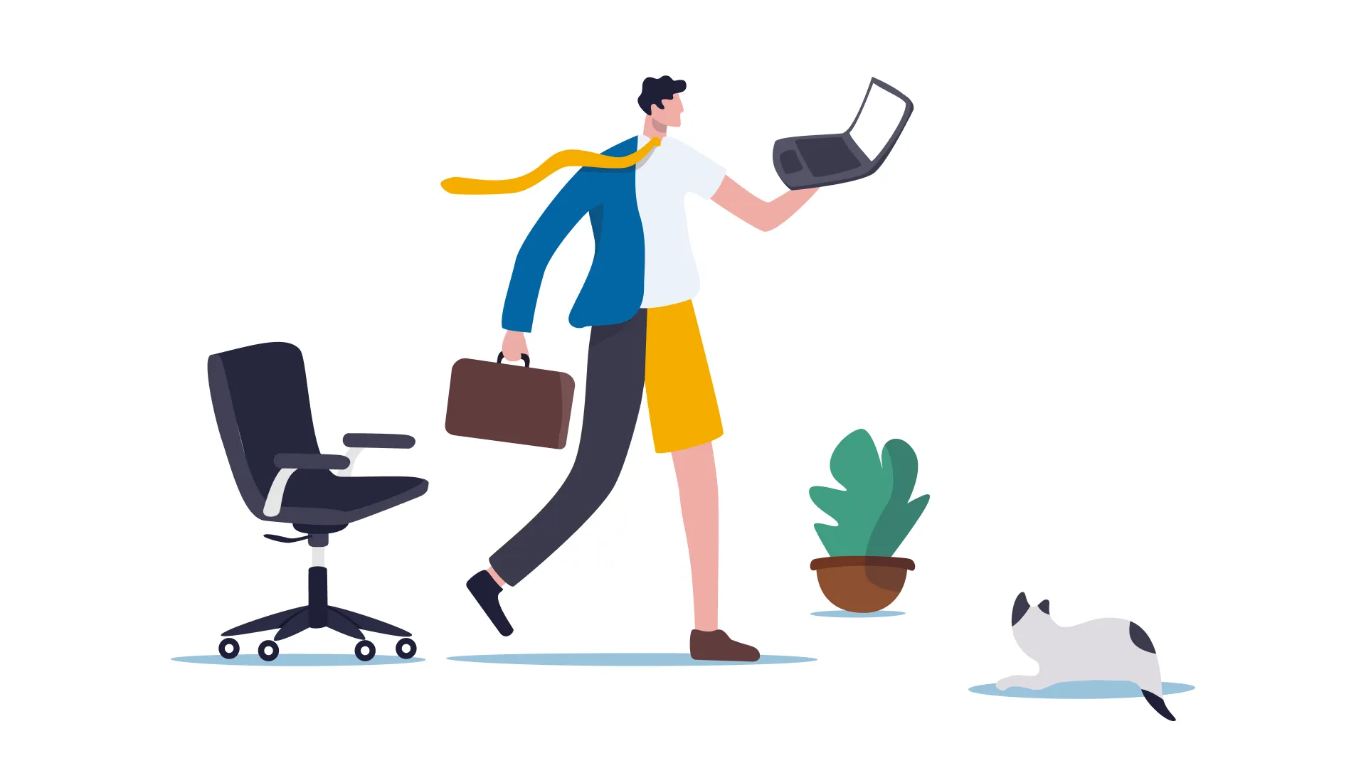 Illustration einer Person im halben Business-Outfit mit Laptop und Aktentasche, bereit für den Arbeitstag bei BKK Linde.