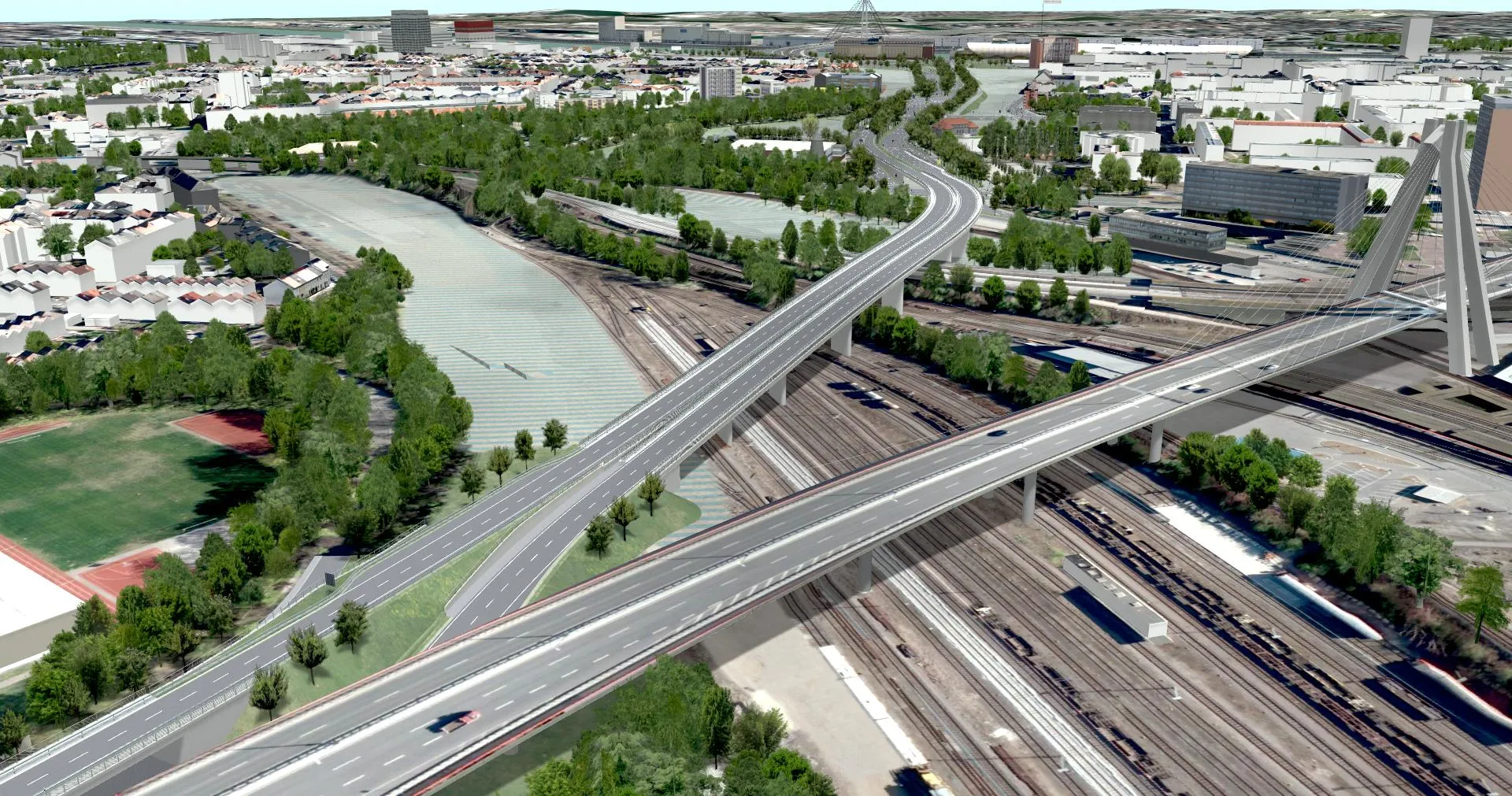 Visualisierung einer modernen Brücke und Autobahn in Ludwigshafen – Gestalte mit uns die Infrastruktur der Zukunft.