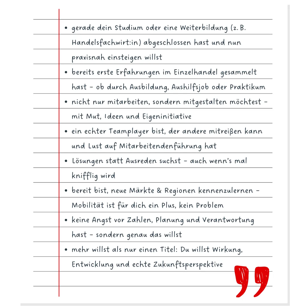 Checkliste für Bewerber bei Bünting Unternehmensgruppe im Einzelhandel, mit Fokus auf Teamfähigkeit und Eigeninitiative.