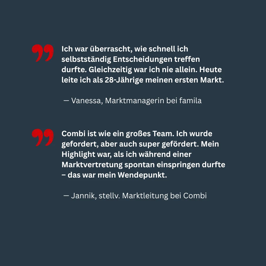 Zitate von Mitarbeitern der Bünting Unternehmensgruppe über ihre Erfahrungen im Einzelhandel auf grünem Hintergrund.