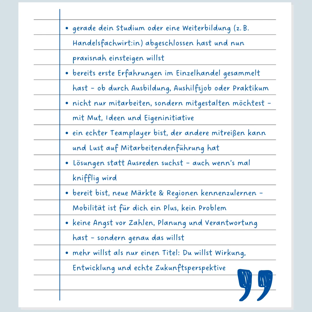 Checkliste für Bewerber bei Bünting Unternehmensgruppe im Einzelhandel, mit Fokus auf Teamfähigkeit und Eigeninitiative.