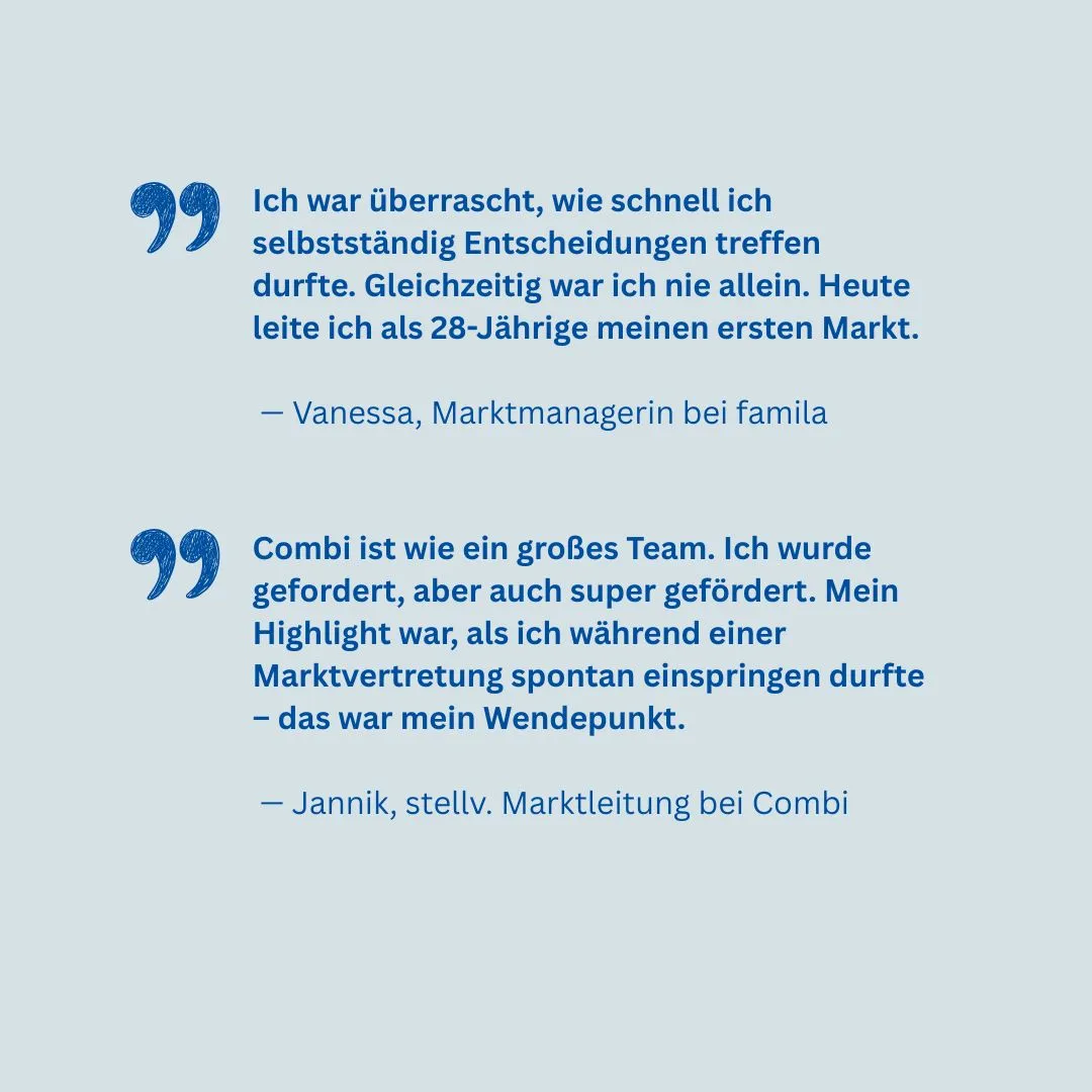 Zitate von Mitarbeitern der Bünting Unternehmensgruppe über ihre Erfahrungen im Einzelhandel auf grünem Hintergrund.