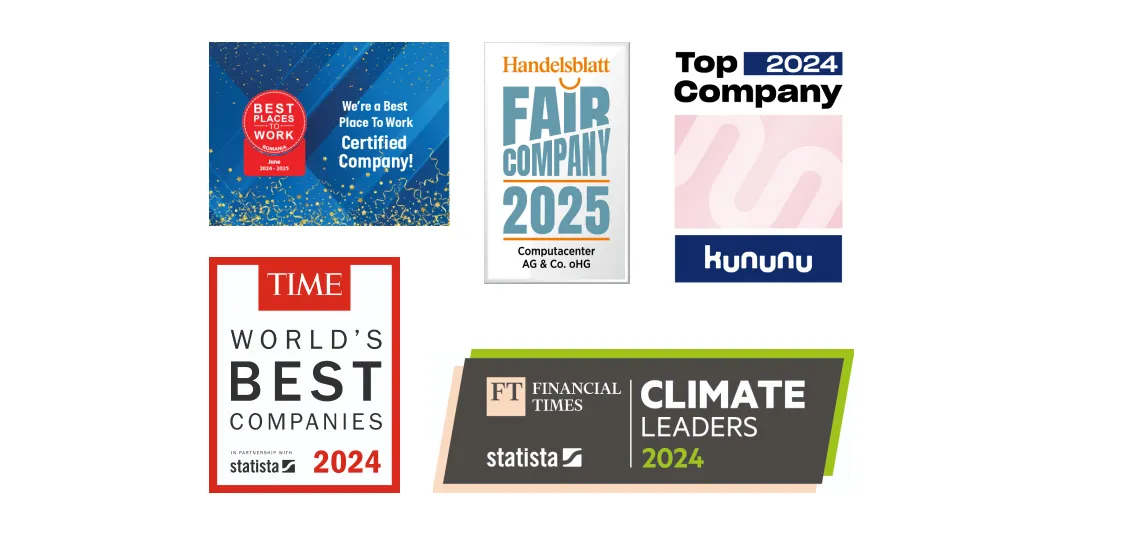 Award badges showcasing Computacenter's recognition as a top company in 2024, including "Best Places to Work," "World's Best Companies," and "Climate Leaders.