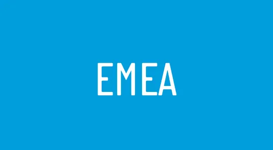 Blue background with bold white text reading "EMEA," representing the Europe, Middle East, and Africa region.