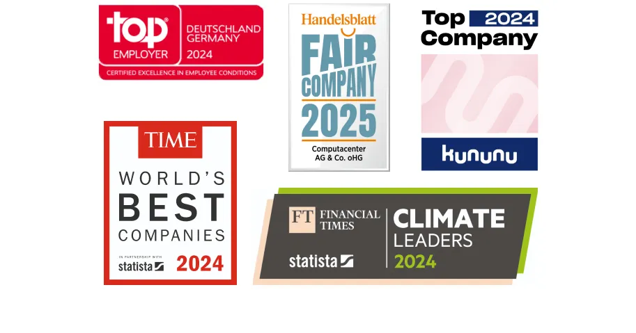 Logos von Auszeichnungen für Computacenter AG & Co. oHG: Top Employer Deutschland 2024, Fair Company 2024, Top Company kununu 2024, World's Best Companies 2024, Climate Leaders 2024.