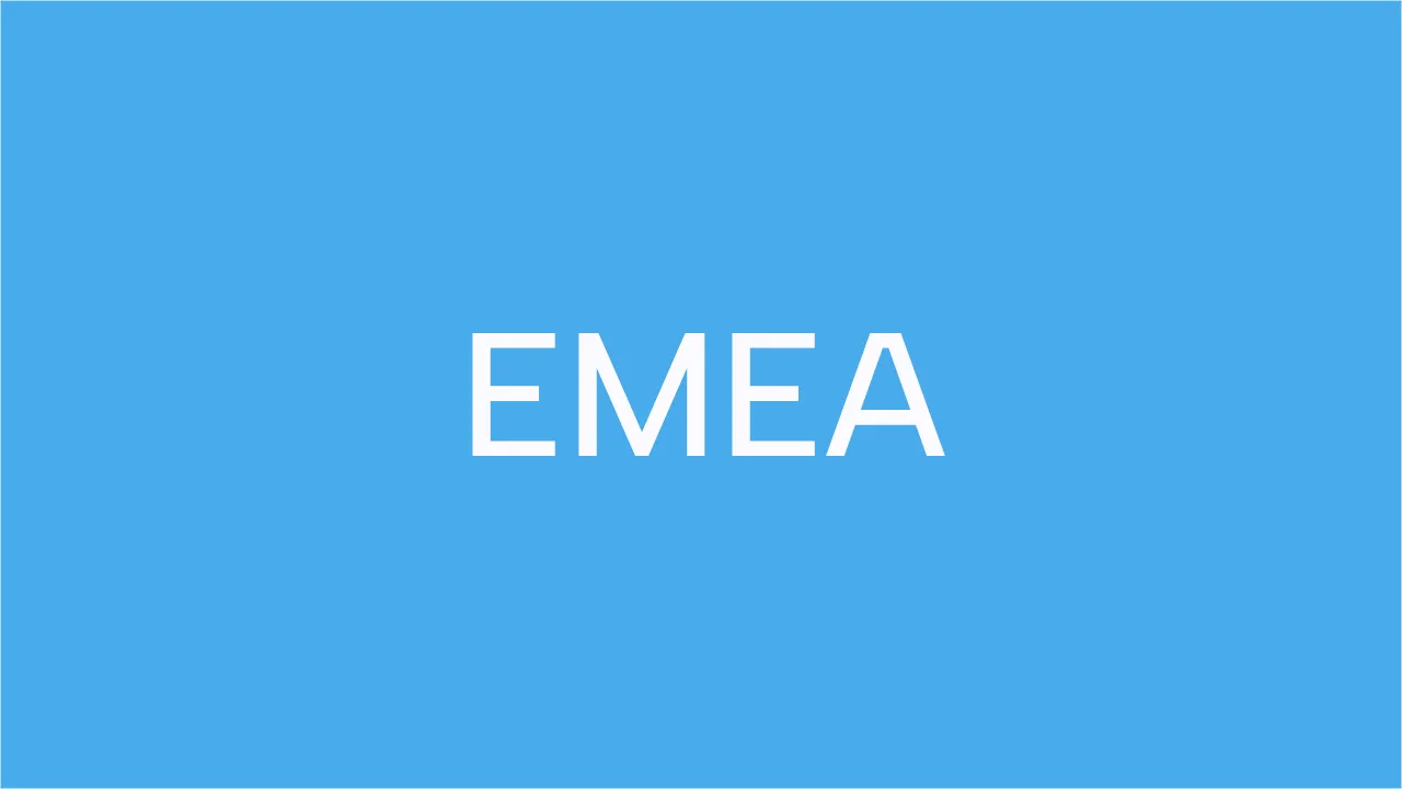 Blue background with bold white text reading "EMEA," representing the Europe, Middle East, and Africa region.