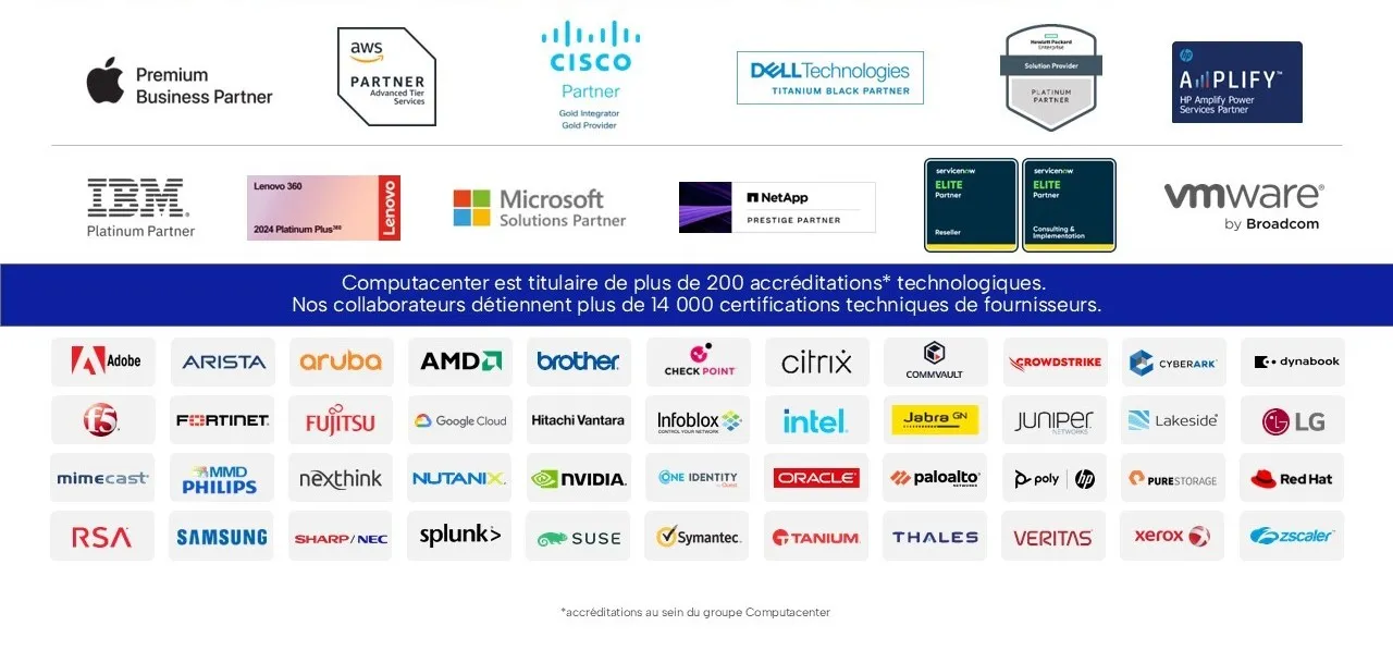 Logos des partenaires technologiques de Computacenter, avec plus de 200 accréditations et 14 000 certifications.