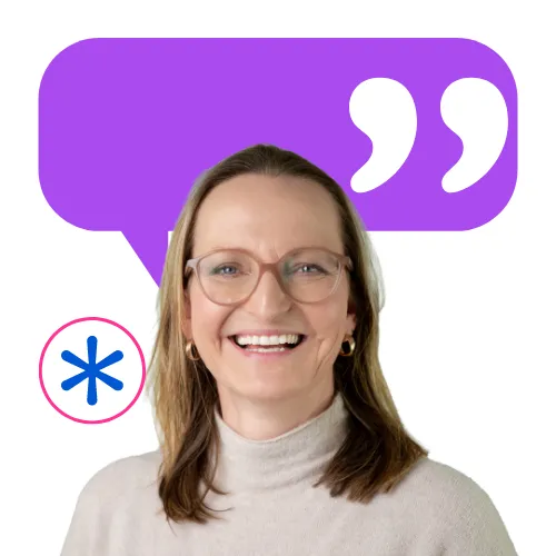 Smiling woman in glasses with a casual sweater, purple quote bubble behind her, symbolizing friendly team vibes at collaboration Factory AG.