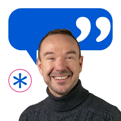 Ein lächelnder Mitarbeiter von collaboration Factory GmbH vor Sprechblase und Sternchen, IT-Karriere wartet auf Dich.