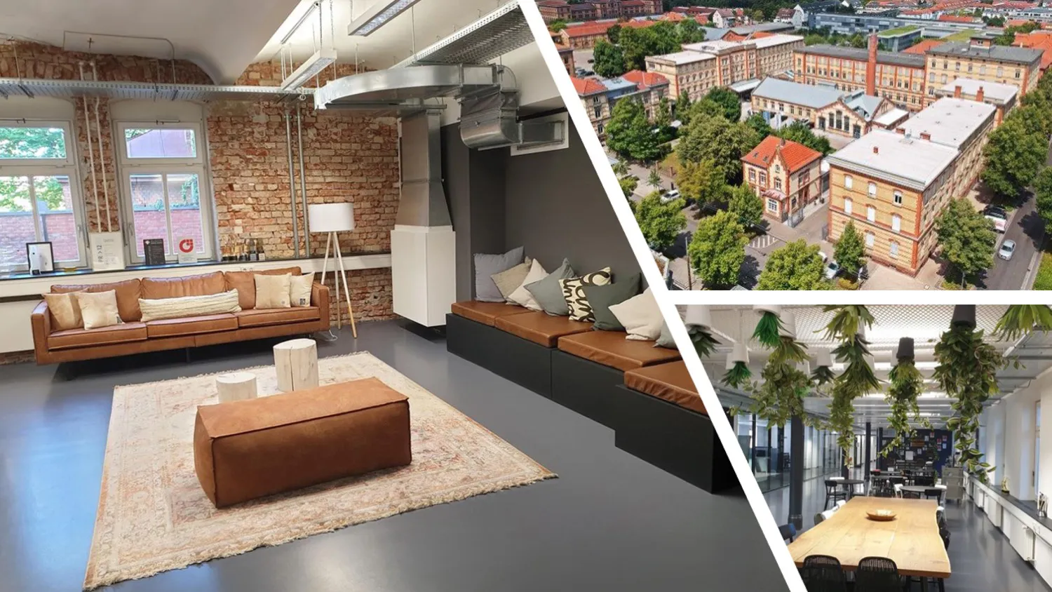 Modernes, einladendes Büro mit gemütlicher Sitzecke, braunem Sofa und Loft-Atmosphäre bei collaboration Factory GmbH.