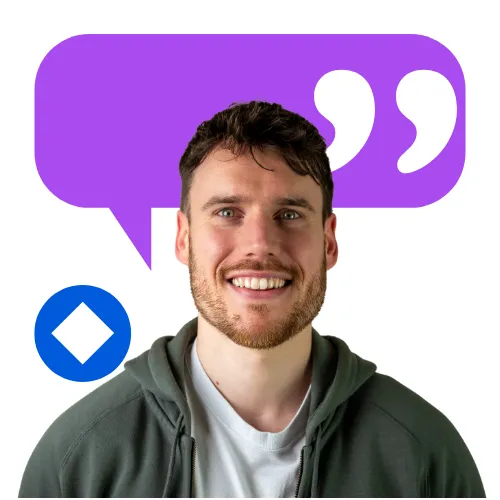 Smiling team member at collaboration Factory AG with a casual look, speech bubble and company logo in the background.