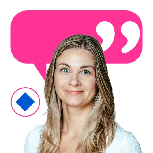 Smiling young woman in a white shirt with a large purple speech bubble and collaboration Factory AG logo behind her.