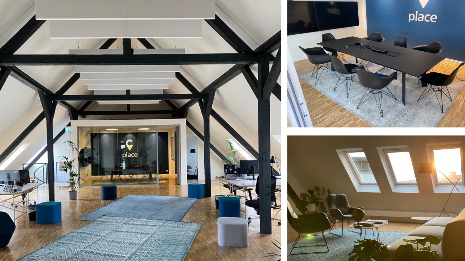 Modern, open office space with cozy seating, computer desks, and a meeting room at collaboration Factory AG.