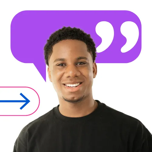 Smiling young man in a black t-shirt with a purple speech bubble behind him, symbolizing open communication in IT.
