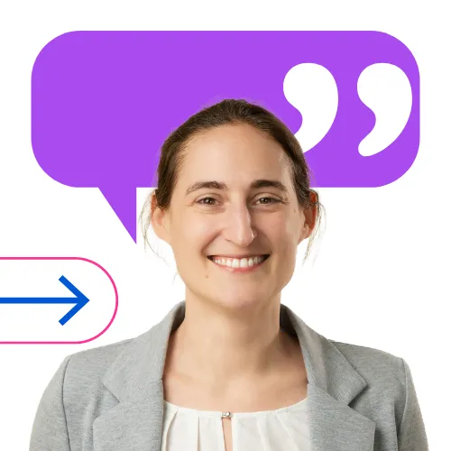 Smiling woman in business attire with a bright pink speech bubble and quote marks behind her, suggesting open communication.