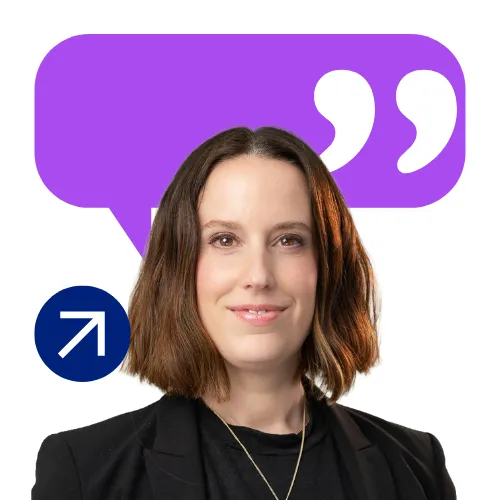 A friendly woman in business attire smiling, with a large purple speech bubble and arrow icon in the background.