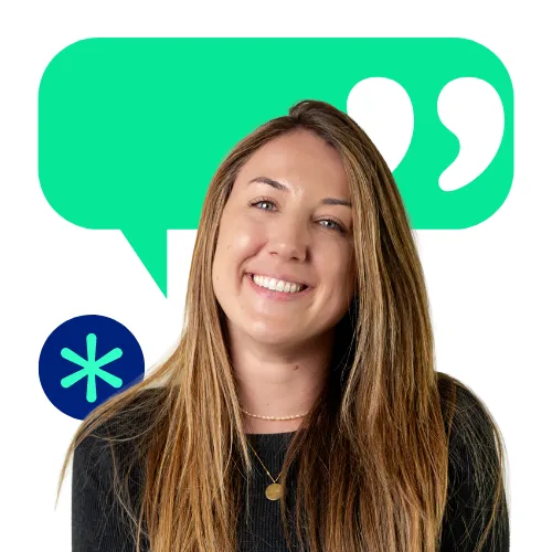 Smiling woman with long hair in front of a green speech bubble and quote marks, representing friendly team vibes at collaboration Factory AG.