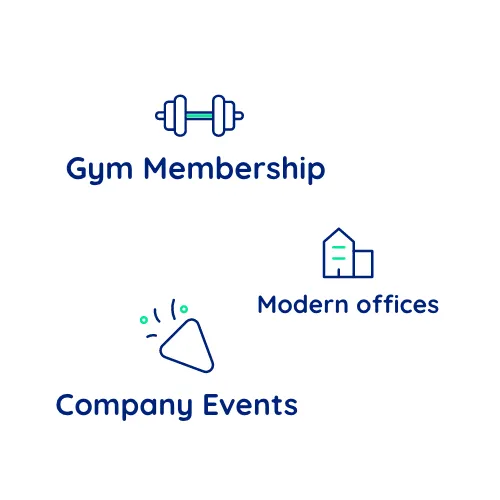 Icons showing gym membership, modern offices, and fun company events as perks at collaboration Factory AG.
