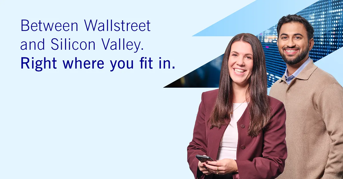 Two young professionals smiling confidently with city lights in the background, next to the text: "Between Wallstreet and Silicon Valley. Right where you fit in.