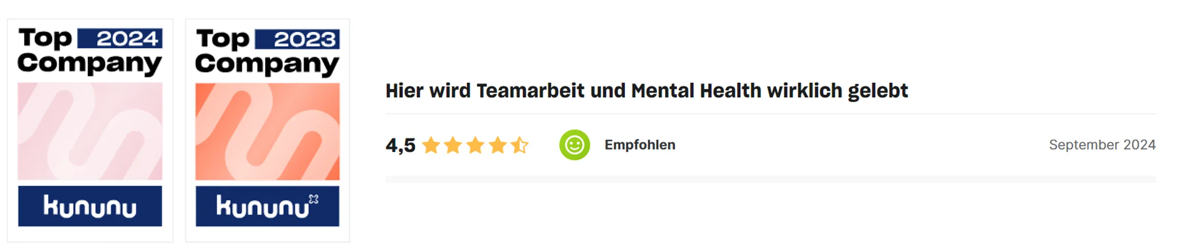 Kununu-Siegel zeigt DocMorris als "Top Company" 2023 und 2024. Bewertung: 4,5 Sterne. Text: "Hier wird Teamarbeit und Mental Health wirklich gelebt.