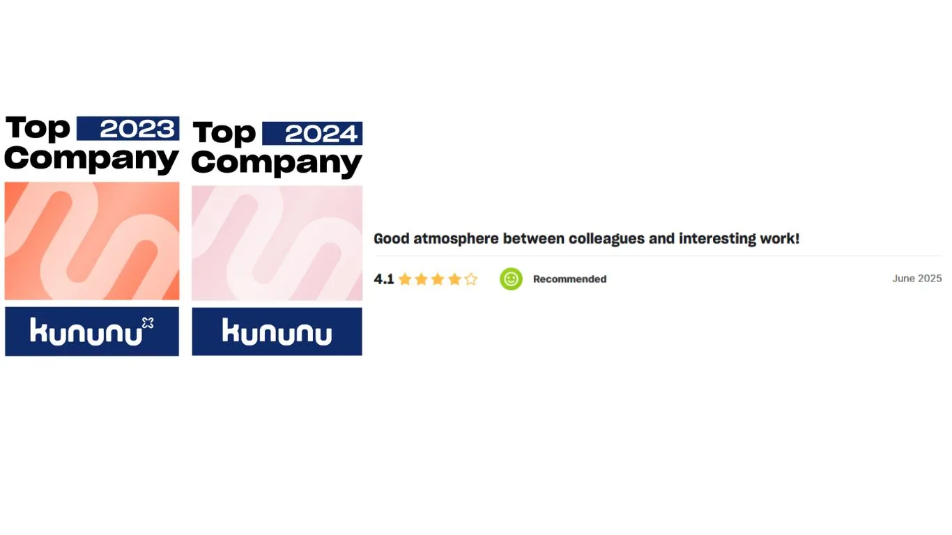 Kununu Top Company badges for 2023 and 2024, with a 4.2-star rating for good work-life balance, recommended in September 2024.