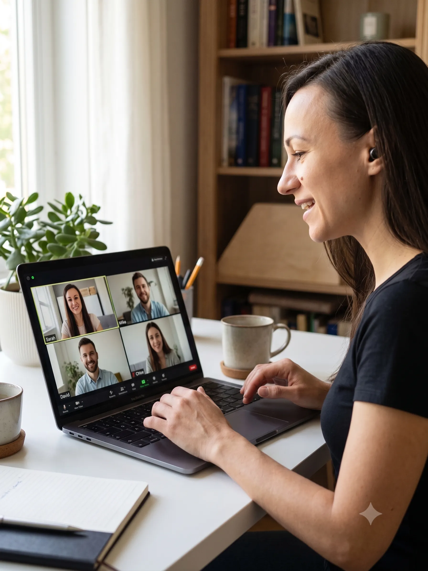 Junge Frau nimmt an einem Videomeeting im Homeoffice teil – moderne Zusammenarbeit bei DocMorris im Gesundheitswesen.