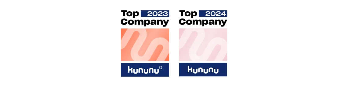 Twee logo's van Kununu met de tekst "Top Company 2023" en "Top Company 2024". Perfect voor je carrière bij DocMorris!